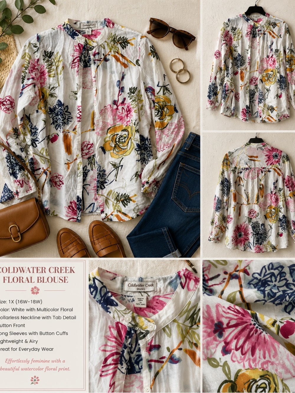 Coldwater Creek White Floral Button-Down Shirt with Pink, Navy & Mustard Accents